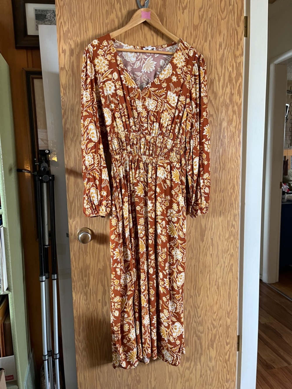 Women's Bootlegger Rust Floral V-Neck Long Sleeve Maxi Dress Sz L